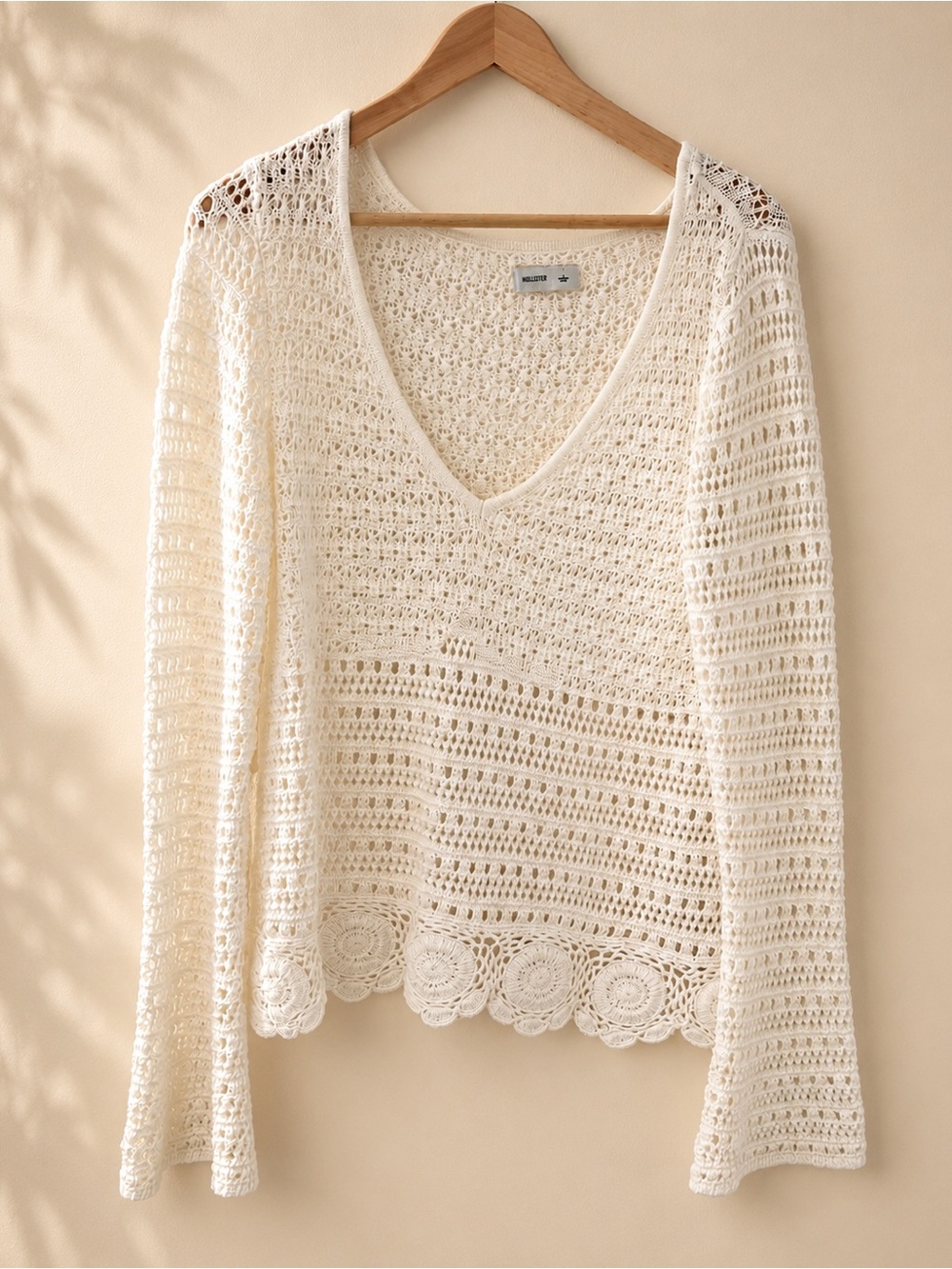 Hollister White Crochet Knit Sweater | Open Knit Boho Long Sleeve Top | Size L